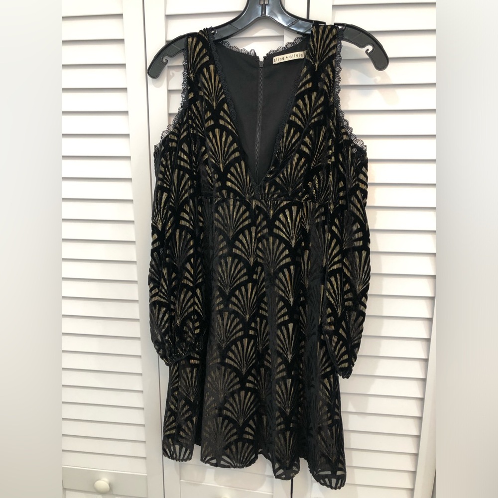 Alice + Olivia Black Dress with Gold Fan Pattern